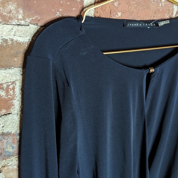 Ivanka Trump Large Deep Blue Long Sleeve Wrap Front Blouse‎ w/ Gold Accent - Picture 2 of 9